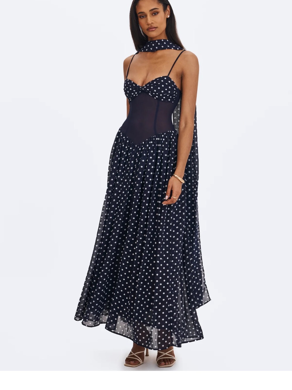 Polka Dot Navy Maxi Dress with Sheer Bodice and Scarf
